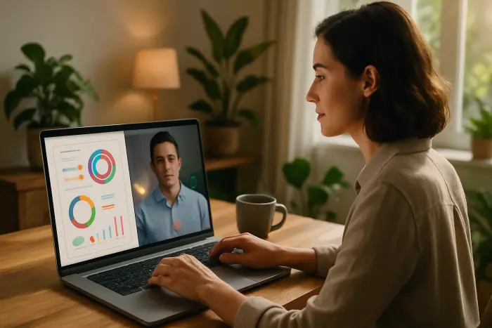 A split-screen view of a job seeker using AI tools on their laptop. On one side, they're reviewing an AI-powered resume analysis that highlights skill matches and suggestions with colorful visualization elements (no visible text). On the other side, they're practicing for a video interview with an AI coach that shows body language feedback through abstract visual indicators. The setting is a bright home office with natural lighting, plants, and a cup of coffee nearby. The person appears focused but relaxed, wearing casual professional attire. Photo-realistic, professional photography, high-resolution, natural lighting, authentic details.