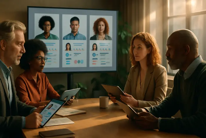 A diverse hiring team in a modern meeting room reviewing job applications on tablets and a central display screen. The screen shows abstract data visualizations and candidate comparison charts without any readable text. Team members represent various ages, backgrounds, and professional styles, with some dressed in business casual attire and others in more creative professional wear. Their expressions show thoughtful consideration and engagement in discussion. The room features contemporary design elements, natural materials, and soft lighting that creates a professional yet approachable atmosphere. Photo-realistic, professional photography, high-resolution, natural lighting, authentic details.