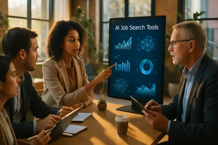 A diverse group of job seekers in a modern co-working space collaborating around a digital display showing AI job search tools. The space features natural lighting streaming through large windows, with people of various ages and professional attire styles engaged in discussion. Some are pointing at visualization graphs on the screen while others take notes on tablets. The atmosphere conveys a blend of technology and human connection, with expressions of curiosity and engagement. The environment includes plants, contemporary furniture, and subtle tech elements without any visible text. Photo-realistic, professional photography, high-resolution, natural lighting, authentic details.