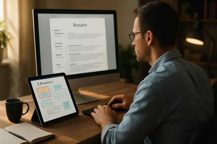 A person in business casual attire sits at a desk reviewing their resume on a computer screen. Next to them is a tablet displaying the same resume being processed through an AI screening tool, with visual elements showing how the AI is analyzing different sections. The workspace is modern but lived-in, with a cup of coffee and notebook nearby. The lighting is bright and natural, coming from a nearby window. The person appears focused but relaxed, representing authentic preparation rather than artificial perfection. Photo-realistic, professional photography, high-resolution, natural lighting, authentic details.
