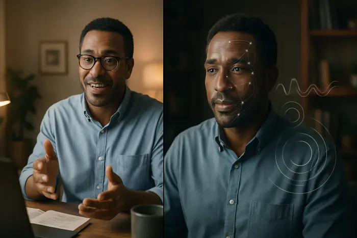 A split-screen composition showing authentic interview preparation. On one side, a diverse professional in a home office environment practices for a video interview, speaking naturally to their webcam. They have notes nearby but aren't reading directly from them. On the other side, a visualization represents how AI interview systems process facial expressions, voice tone, and language patterns, shown as subtle overlays rather than technical diagrams. The setting is warm and inviting with personal touches visible in the background. The overall mood conveys preparedness without artificiality. Photo-realistic, professional photography, high-resolution, natural lighting, authentic details.