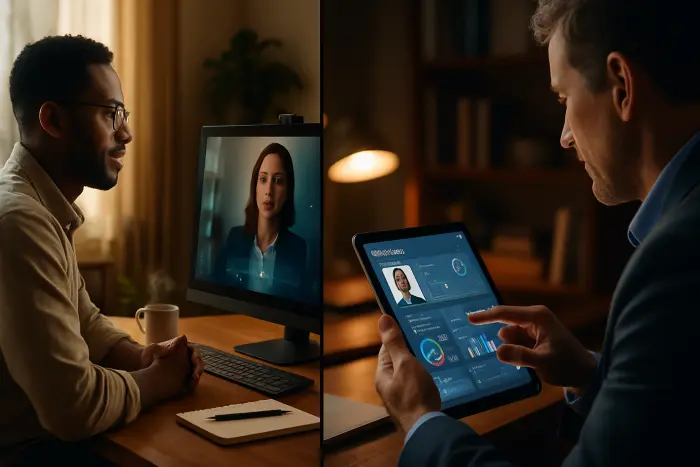 A split-screen image showing the modern job search process. On the left side, a diverse job seeker in business casual attire sits at a home office desk, confidently engaging with a video interview on their computer. The screen shows a professional AI interview interface with subtle analytics visualizations. On the right side, a hiring manager reviews candidate data on a tablet displaying AI-generated insights and metrics. The lighting is warm and natural, creating an authentic atmosphere. The setting shows a blend of technology and humanity in the hiring process. Photo-realistic, professional photography, high-resolution, natural lighting, authentic details. A split-screen image showing the modern job search process. On the left side, a diverse job seeker in business casual attire sits at a home office desk, confidently engaging with a video interview on their computer. The screen shows a professional AI interview interface with subtle analytics visualizations. On the right side, a hiring manager reviews candidate data on a tablet displaying AI-generated insights and metrics. The lighting is warm and natural, creating an authentic atmosphere. The setting shows a blend of technology and humanity in the hiring process. Photo-realistic, professional photography, high-resolution, natural lighting, authentic details.