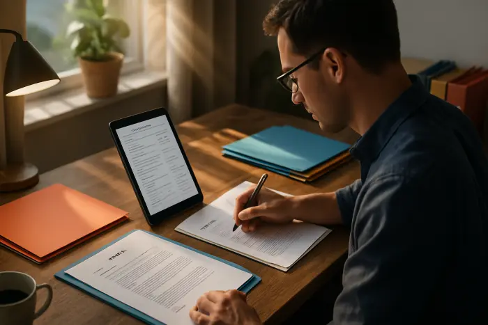 A person implementing the batch processing method for job applications. Their desk shows clearly organized sections: one area has job listings being researched on a tablet, another section has resume drafts being customized, and a third area has a calendar with a structured weekly schedule. The person looks focused and methodical rather than overwhelmed. The workspace appears organized with color-coded folders. Natural light illuminates the scene, creating a productive atmosphere. Photo-realistic, professional photography, high-resolution, natural lighting, authentic details.