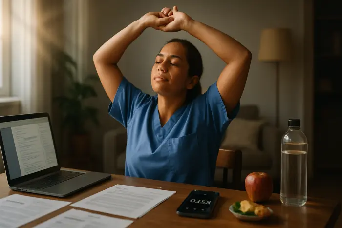 A healthcare professional in scrubs taking a strategic recovery break during their job search. They're stepping away from their computer in a home environment, stretching with closed eyes in a moment of mindful pause. A visible timer on their phone indicates this is a planned break. Their expression shows relief and renewal. The background shows evidence of an organized job search process with a water bottle and healthy snack nearby, suggesting physical self-care during the process. Photo-realistic, professional photography, high-resolution, natural lighting, authentic details.