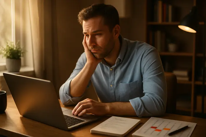 A person sitting at a home office desk looking at a laptop with a thoughtful, slightly tired expression. The desk has organized job application materials nearby - a notebook with a structured list, a calendar with highlighted dates, and a small plant. The lighting is warm and natural, coming through a nearby window, creating a realistic home office atmosphere. The person is wearing casual professional attire and their posture shows both determination and the weight of the job search process. Photo-realistic, professional photography, high-resolution, natural lighting, authentic details.