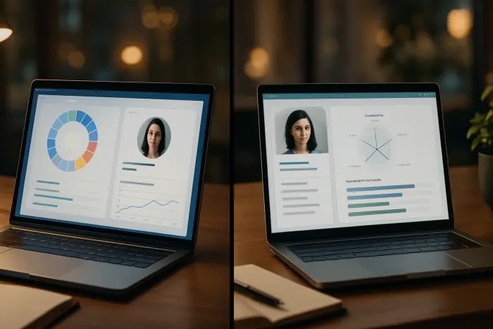 A split-screen comparison showing two different ATS interfaces side by side. On the left, the Workday ATS platform displaying a candidate profile with skills taxonomy highlighted and career progression analysis. On the right, the Greenhouse ATS showing the same resume with different metrics focused on culture fit indicators and potential growth areas. The interfaces show how different systems prioritize different aspects of the same candidate profile. The image has clean, modern UI elements with data visualization components. No visible text in the image. Photo-realistic, professional photography, high-resolution, natural lighting, authentic details.