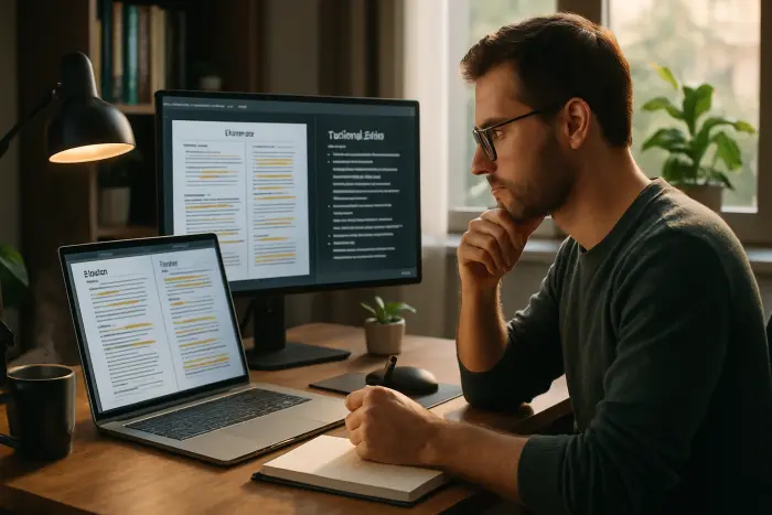 A software developer in a modern home office environment reviewing their resume on a laptop screen. The person is using an ATS optimization tool that displays a side-by-side comparison of their resume and a job description with matching keywords highlighted. The workspace includes a second monitor showing industry-specific technical skills being analyzed. The developer appears thoughtful and strategic, making notes on a notepad. The home office features ergonomic furniture, some programming books on shelves, and natural light coming through a window. Photo-realistic, professional photography, high-resolution, natural lighting, authentic details.