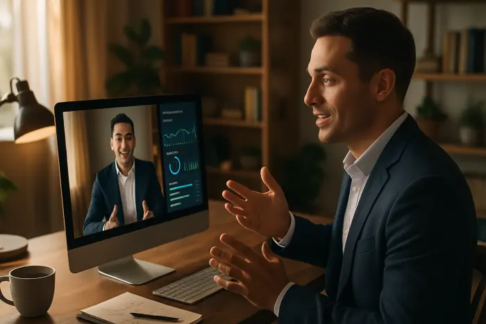 A job seeker participating in a video interview from a well-lit home office space. The person is professionally dressed from the waist up, speaking confidently to the camera. On their computer screen is a split view showing both their video feed and an AI interview analysis dashboard that's tracking speech patterns and keyword mentions in real-time. The environment shows careful preparation with notes nearby and a professional background. The lighting is soft and flattering, creating a professional appearance for the video interview. The person's body language shows engagement and confidence. Photo-realistic, professional photography, high-resolution, natural lighting, authentic details.