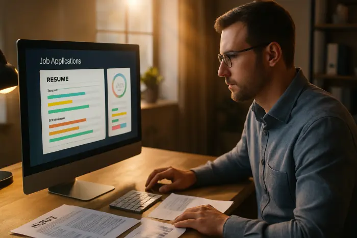 A professional setting where a hiring manager is reviewing job applications on a modern computer screen displaying an ATS interface. The screen shows a resume being analyzed with sections highlighted in different colors indicating optimization levels. On the desk are printed resumes and a tablet showing analytics. The hiring manager appears focused and analytical, wearing business casual attire. The office environment features natural lighting through nearby windows, creating a warm professional atmosphere with subtle modern office elements in the background. Photo-realistic, professional photography, high-resolution, natural lighting, authentic details.