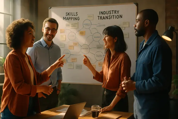 A diverse group of professionals engaged in a strategic career planning session in a bright, modern co-working space. They're gathered around a large whiteboard with skills mapping and industry transition diagrams. Some are pointing at notes while others are engaged in animated discussion. The atmosphere conveys collaboration and possibility. Various career fields are represented through their attire - including a person in business casual, someone in creative professional clothing, and another in technical/specialized workwear. Photo-realistic, professional photography, high-resolution, natural lighting, authentic details.