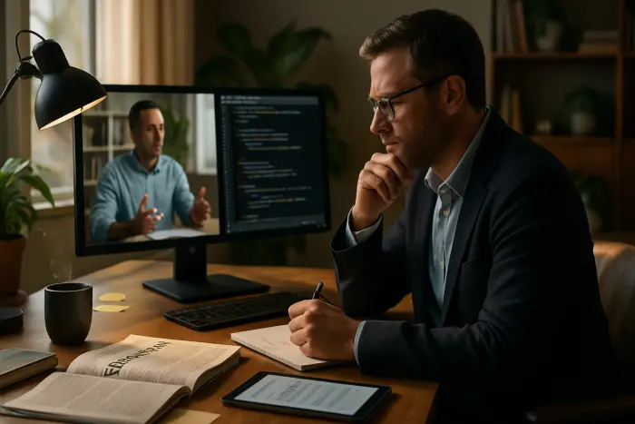 A mid-career professional developing new skills in a home office environment. They're focused on a dual-monitor setup showing both a video training course and practical application work. Scattered around the workspace are handwritten notes, industry publications, and a tablet displaying certification requirements. The person is dressed in comfortable but professional attire, with body language showing deep concentration and determination. The scene captures the skill-building phase of career transition with both digital and physical learning resources visible. Photo-realistic, professional photography, high-resolution, natural lighting, authentic details.