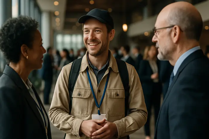 A successful career changer in a networking situation at an industry conference or professional event. They're engaged in meaningful conversation with two established professionals in their target field, showing confident body language and active listening. The setting is a modern conference venue with other networking groups visible in the background. The main subject is dressed appropriately for their new industry but with subtle elements that hint at their previous career background. Their expression shows enthusiasm and engagement as they build connections in their new field. Photo-realistic, professional photography, high-resolution, natural lighting, authentic details.