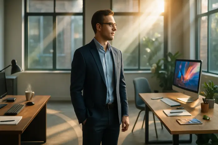 A professional at a career crossroads, standing at the intersection of two distinct paths in a modern office environment. On one side, elements representing their current career (traditional desk setup, familiar tools); on the other side, symbols of their target field (creative workspace, new technology). The person is looking confidently toward the new path with a thoughtful expression. Natural light streams through large windows, creating a bright, hopeful atmosphere. The scene captures the moment of decision in a career transition journey. Photo-realistic, professional photography, high-resolution, natural lighting, authentic details. A professional at a career crossroads, standing at the intersection of two distinct paths in a modern office environment. On one side, elements representing their current career (traditional desk setup, familiar tools); on the other side, symbols of their target field (creative workspace, new technology). The person is looking confidently toward the new path with a thoughtful expression. Natural light streams through large windows, creating a bright, hopeful atmosphere. The scene captures the moment of decision in a career transition journey. Photo-realistic, professional photography, high-resolution, natural lighting, authentic details.