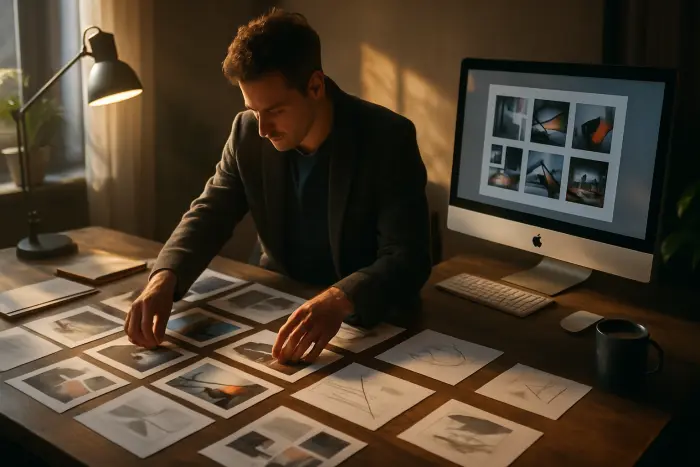 A creative professional organizing a physical portfolio layout on a large desk. Various printed materials are spread across the surface including photographs, design samples, and sketches. The person is arranging them in a thoughtful sequence, with some items being grouped together and others set aside. The workspace includes a computer showing a digital portfolio version, creating a bridge between physical and digital presentation. Warm, natural lighting illuminates the scene, highlighting the tactile nature of the creative process. Photo-realistic, professional photography, high-resolution, natural lighting, authentic details.