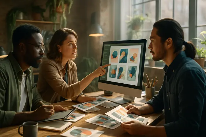 A diverse group of three creative professionals collaborating in a modern studio space. They're reviewing portfolio work displayed on a large monitor while referencing printed samples. One person is pointing to specific elements on screen while another takes notes on a tablet. The third person is holding physical design samples for comparison. The space features industrial elements with creative touches - exposed brick, hanging plants, and natural light streaming through large windows. Various creative tools and materials are visible in the background. The scene captures the collaborative curation process in a vibrant, working creative environment. Photo-realistic, professional photography, high-resolution, natural lighting, authentic details.