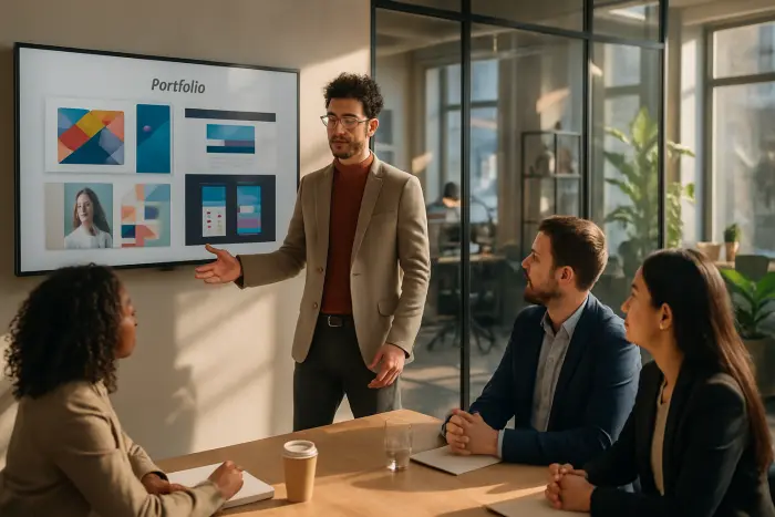 A creative professional presenting their portfolio during an interview in a bright, modern office space. The person is standing confidently beside a wall-mounted display showing their digital portfolio while three diverse hiring team members are seated, engaged in the presentation. The presenter is dressed in stylish but professional attire, gesturing toward specific portfolio elements. The office features contemporary design with glass partitions, indoor plants, and creative industry elements visible in the background. The atmosphere conveys professionalism with creative energy, showing the real-world application of portfolio presentation in a hiring context. Photo-realistic, professional photography, high-resolution, natural lighting, authentic details.