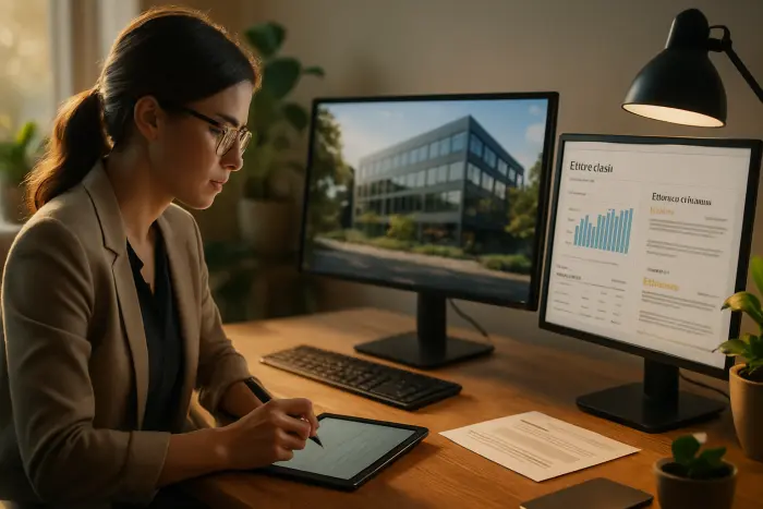 A professional woman in business casual attire sitting at a desk with multiple screens displaying different research sources about a potential employer. On one screen is a company website, another shows financial data, and a third displays employee reviews. She's taking notes on a digital tablet while cross-referencing information. The workspace is organized with plants and natural lighting, creating a productive atmosphere. Her expression shows careful analysis and critical thinking. Photo-realistic, professional photography, high-resolution, natural lighting, authentic details.