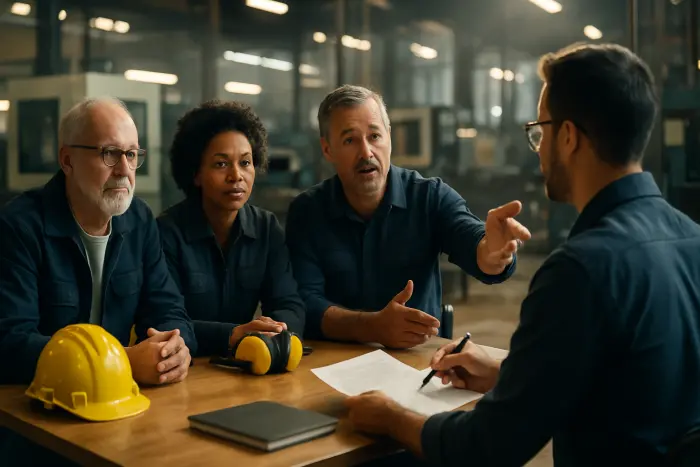 A job interview scene in a modern manufacturing facility showing a diverse interview panel of three people (different ages and ethnicities) in casual industrial attire speaking with a candidate. They're seated at a small table on the production floor with machinery visible in the background. The candidate is asking questions while referencing notes, and one interviewer is gesturing toward the production area to explain operations. The setting shows an authentic industrial workplace rather than a formal conference room, with proper safety equipment visible. The lighting is bright but industrial, creating a realistic workplace atmosphere. Photo-realistic, professional photography, high-resolution, natural lighting, authentic details.