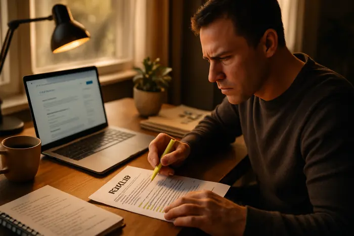 A person sitting at a home desk reviewing their resume with a determined expression. They're using a highlighter to mark sections on a printed resume while referencing notes and a laptop showing a job search website. The workspace includes a cup of coffee, a small plant, and organized job search materials. Natural light comes through a nearby window, creating a warm, productive atmosphere. The scene conveys focus and strategic planning during an employment gap. Photo-realistic, professional photography, high-resolution, natural lighting, authentic details.