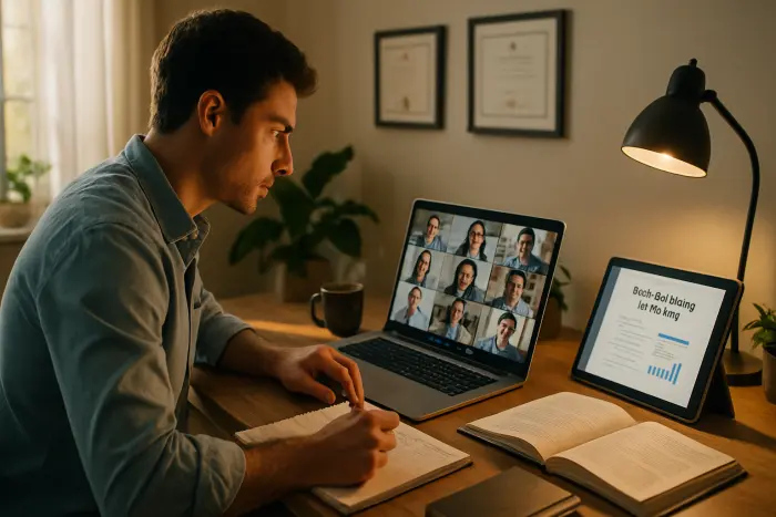 A person in casual professional attire participating in a virtual skill-building workshop from their home office. They're engaged with their laptop screen showing multiple participants in a video conference. Nearby are notebooks with handwritten notes, reference materials, and a tablet displaying course materials. The space is organized with certificates visible on the wall behind them. Their expression shows concentration and active learning. The scene represents proactive skill development during an employment gap. Photo-realistic, professional photography, high-resolution, natural lighting, authentic details.