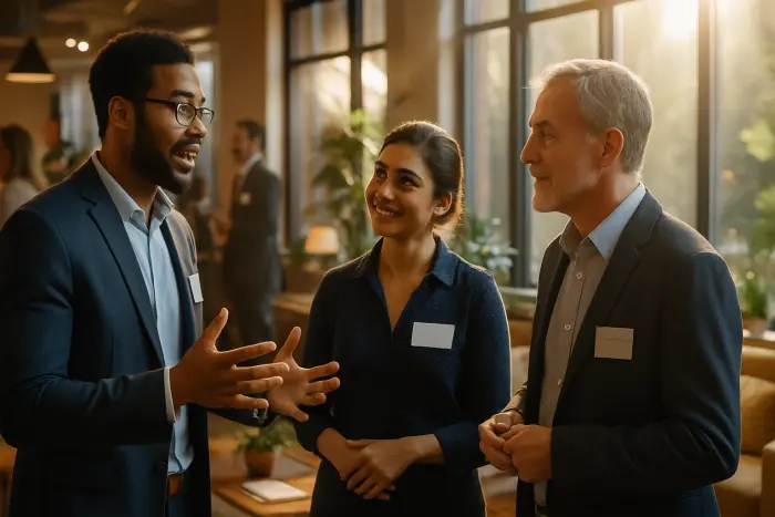A diverse professional networking event in a modern co-working space. Three people of different ages and ethnicities are engaged in conversation near large windows with natural light streaming in. One person is gesturing expressively while explaining something, showing confidence and engagement. The others are listening attentively with positive body language. The space features collaborative furniture, plants, and a warm color palette. The atmosphere conveys professional reconnection and opportunity. Photo-realistic, professional photography, high-resolution, natural lighting, authentic details.