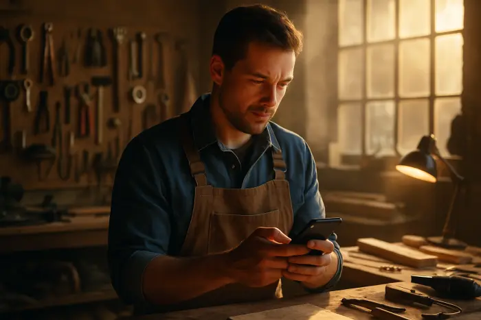 A skilled tradesperson in a workshop environment checking their smartphone while surrounded by tools and equipment. They're reviewing client messages or gig platform notifications with a focused expression. The workshop has organized tools hanging on the wall and projects in various stages of completion visible in the background. Natural light comes through windows, creating a warm, productive atmosphere. The scene captures the blend of traditional skilled work with digital gig economy management. Photo-realistic, professional photography, high-resolution, natural lighting, authentic details.