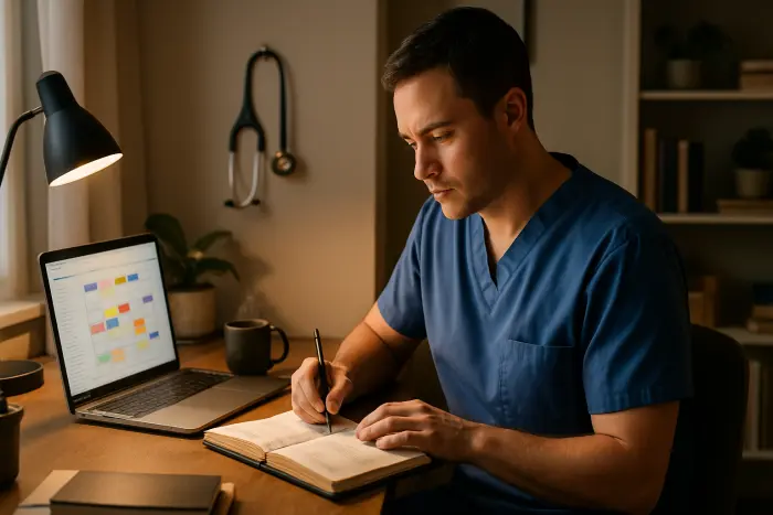 A healthcare professional in scrubs sitting at a small desk in a home office space, transitioning between different types of work. They're organizing a physical planner while a laptop displays a calendar application. The space shows evidence of both clinical work (a stethoscope hanging nearby) and digital freelance work. The lighting is warm and the atmosphere is focused but calm. Their expression shows thoughtful planning and organization. The image represents professionals who combine traditional employment with gig work. Photo-realistic, professional photography, high-resolution, natural lighting, authentic details.
