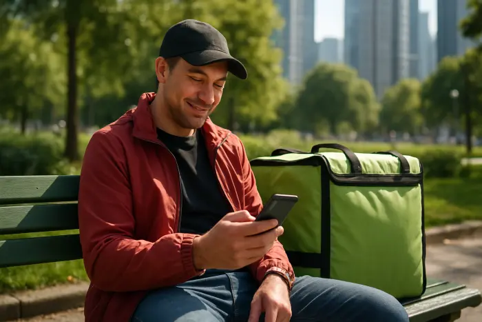 A food delivery worker taking a moment of rest at an urban park bench, enjoying a break between deliveries. They're checking their earnings on a smartphone while a delivery bag rests beside them. The park provides a green contrast to the urban environment visible in the background. The worker's expression shows a moment of satisfaction after completing several deliveries. The scene captures the reality of gig work - the balance between active work periods and self-managed breaks. Photo-realistic, professional photography, high-resolution, natural lighting, authentic details.