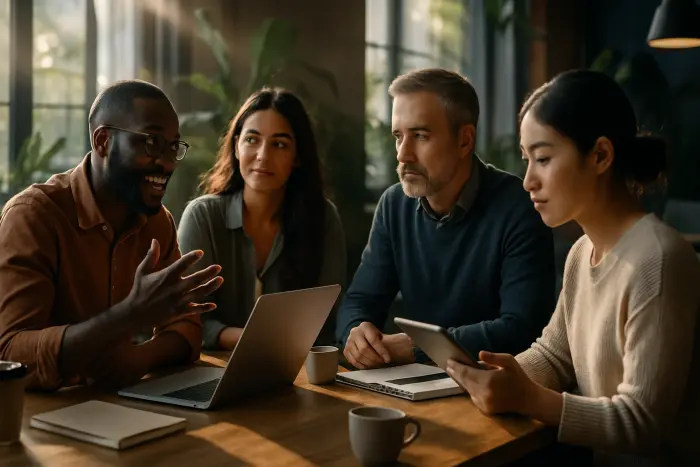 A diverse group of gig economy workers collaborating in a modern coworking space. The scene shows four professionals of different ages and backgrounds gathered around a table with laptops and tablets. One person is gesturing expressively while explaining something, while others listen attentively. The space features plants, natural light streaming through large windows, and comfortable furniture. The mood is positive and productive, with coffee cups and notebooks visible on the table. The image captures the collaborative yet independent nature of gig work. Photo-realistic, professional photography, high-resolution, natural lighting, authentic details. A diverse group of gig economy workers collaborating in a modern coworking space. The scene shows four professionals of different ages and backgrounds gathered around a table with laptops and tablets. One person is gesturing expressively while explaining something, while others listen attentively. The space features plants, natural light streaming through large windows, and comfortable furniture. The mood is positive and productive, with coffee cups and notebooks visible on the table. The image captures the collaborative yet independent nature of gig work. Photo-realistic, professional photography, high-resolution, natural lighting, authentic details.
