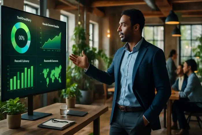 A professional in business casual attire analyzing sustainability data visualizations displayed on a large screen in an open-concept office space. The person is standing confidently, gesturing toward colorful charts showing environmental metrics and green economy growth trends. The workspace includes sustainable elements like reclaimed wood furniture, energy-efficient lighting, and indoor plants. Other team members of diverse backgrounds can be seen collaborating in the background. The lighting is bright and natural, creating an atmosphere of innovation and purpose. Photo-realistic, professional photography, high-resolution, natural lighting, authentic details.