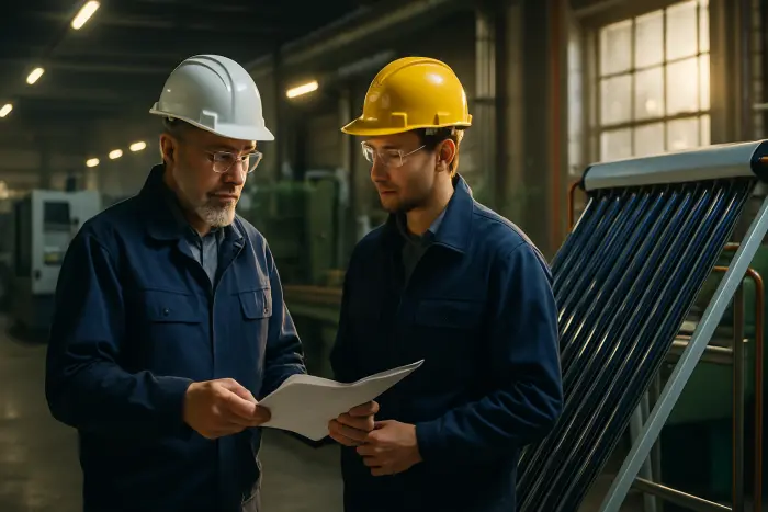 Two professionals engaged in mentorship conversation in a manufacturing facility that's being retrofitted with green technology. An experienced engineer in work attire is showing documentation to a younger colleague while standing beside partially installed solar thermal equipment. The industrial space shows the transition to sustainability with both traditional manufacturing equipment and new green technology visible. Safety equipment is properly worn by both individuals. The lighting creates a contrast between the older industrial elements and newer sustainable additions. Their body language shows knowledge transfer and collaboration. Photo-realistic, professional photography, high-resolution, natural lighting, authentic details.