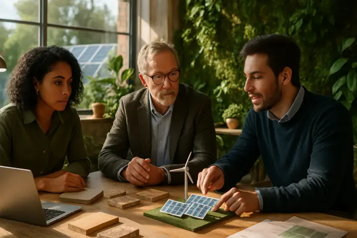 A diverse group of professionals collaborating in a modern green workspace filled with plants and natural light. The setting shows three people of different ages and backgrounds engaged in discussion around a table with sustainable materials. One person is pointing to a physical 3D model of a renewable energy installation while others listen attentively. The workspace features visible sustainable elements like solar panels visible through large windows, recycled materials in the furniture, and living walls. The atmosphere conveys innovation and purpose through warm lighting and engaged expressions. Photo-realistic, professional photography, high-resolution, natural lighting, authentic details.