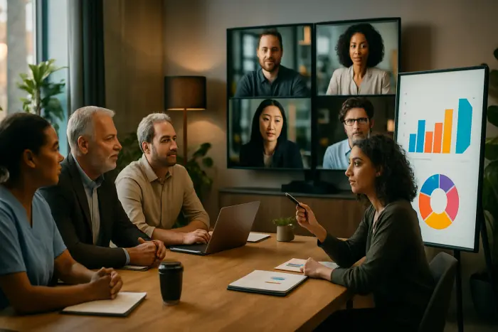 A diverse group of professionals collaborating in a hybrid work setting. Some team members are in a modern office space while others join virtually on large screens. The in-person workers include people of various ages and backgrounds in different professional attire (including a woman in healthcare scrubs and a man in business casual). They're engaged in discussion around a digital presentation board showing colorful charts (no visible text). Remote participants appear on screens with attentive expressions. The environment shows a thoughtfully designed hybrid collaboration space with plants, natural lighting, and technology integration. Photo-realistic, professional photography, high-resolution, natural lighting, authentic details.