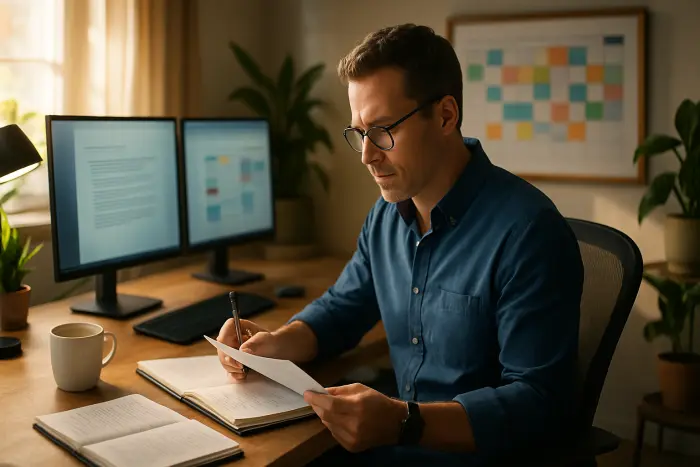 A professional preparing a hybrid work proposal at a home office setup. A mid-career individual in casual professional attire sits at an organized home workspace with dual monitors (screens visible but no readable text). They're reviewing physical notes and digital materials with focused concentration. The home office is well-designed with ergonomic furniture, plants, and natural light from nearby windows. A calendar and scheduling board visible in the background shows color-coded time blocks (no readable text). The scene conveys productivity, organization, and work-life integration in a remote setting. Photo-realistic, professional photography, high-resolution, natural lighting, authentic details.