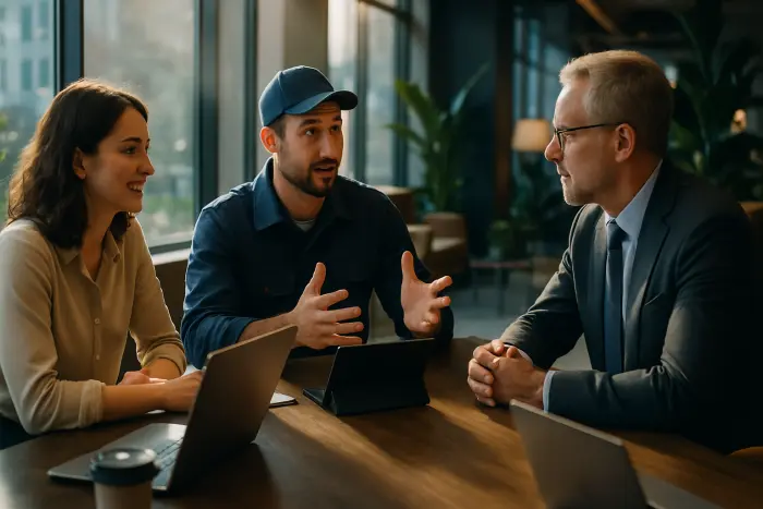 A professional negotiation scene in a modern co-working space. A diverse group of three professionals (including a woman in business casual attire, a man in a trade uniform, and an older professional) sit around a stylish conference table with laptops and digital devices. They're engaged in animated discussion with positive body language - one person is gesturing with hands to emphasize a point while others show attentive expressions. The space features large windows with natural light, plants, and contemporary furniture. The scene conveys collaboration and problem-solving in a flexible work environment. No visible text, documents, or screens with writing. Photo-realistic, professional photography, high-resolution, natural lighting, authentic details.