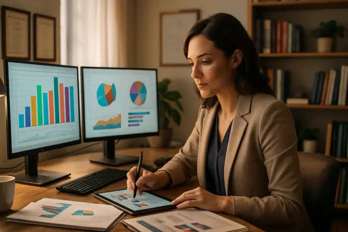 A professional woman in her mid-thirties sitting at a desk analyzing data across two computer screens displaying colorful graphs and charts (no visible text). She's making notes on a tablet while referencing industry reports. The workspace shows evidence of career transition - certificates on the wall, industry books on shelves, and a small whiteboard with a skills mapping diagram (no readable text). The setting has warm, natural lighting from nearby windows, creating an atmosphere of focus and determination. The woman is wearing smart business casual attire and has a thoughtful, engaged expression. Photo-realistic, professional photography, high-resolution, natural lighting, authentic details.