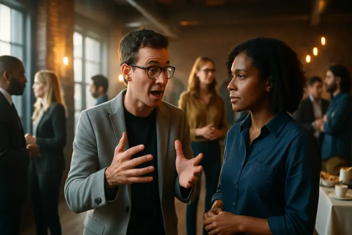 A networking event in a modern, industrial-style venue with exposed brick and warm lighting. The scene shows diverse professionals engaged in small group conversations - some in business attire, others in creative professional or technical industry clothing. In the foreground, two people are having an animated conversation, with one person clearly explaining something with enthusiastic hand gestures while the other listens attentively. The background shows other networking groups and a refreshment table. Body language throughout the image conveys openness, curiosity, and professional connection. No visible text elements or name badges with text. Photo-realistic, professional photography, high-resolution, natural lighting, authentic details.