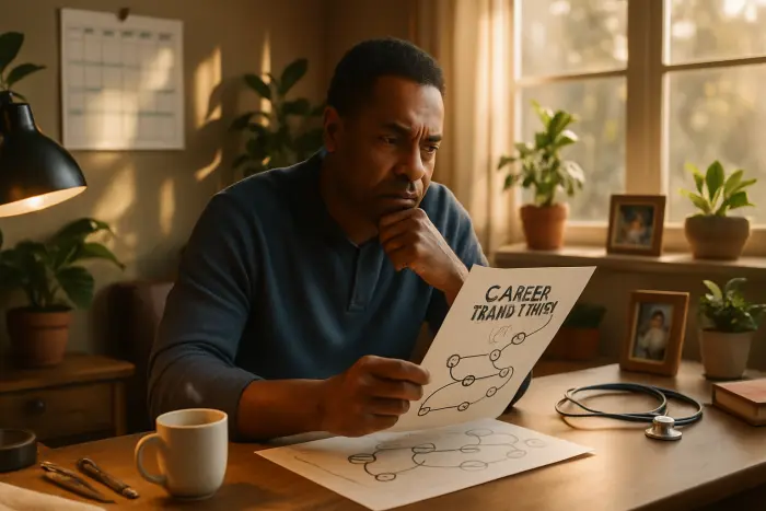 A person of color in their early 40s sitting at a home office desk with a thoughtful, determined expression. They're reviewing a hand-drawn career transition roadmap with milestone markers (no visible text). The desk has elements from both their previous career (represented by industry-specific items like architectural tools) and their target industry (represented by healthcare-related objects). A calendar on the wall shows blocked time for learning and networking activities (no readable text). The space is warm and personal with plants, family photos, and natural light streaming through a window. The subject is wearing comfortable yet professional attire, suggesting the blend of home and work life. Their posture and expression convey resilience and purposeful planning. Photo-realistic, professional photography, high-resolution, natural lighting, authentic details.