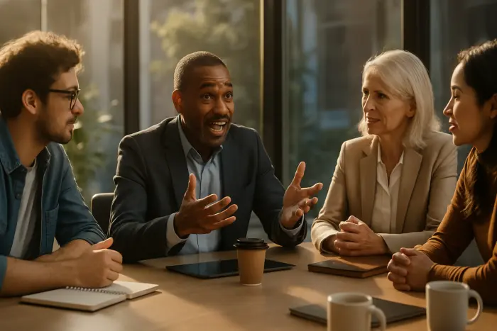 A diverse group of four professionals of different ages, genders, and ethnicities sitting around a modern conference table having an animated discussion. One person is gesturing expressively while explaining something, another is nodding thoughtfully, and two others are engaged in active listening. The setting is a bright, contemporary office space with large windows letting in natural light. On the table are notebooks, tablets, and coffee cups, but no visible text. The atmosphere conveys collaboration, mentorship, and professional transition. The professionals are wearing varied business attire representing different industry styles - one in creative casual, one in business formal, one in technical/startup style, and one in business casual. Photo-realistic, professional photography, high-resolution, natural lighting, authentic details.