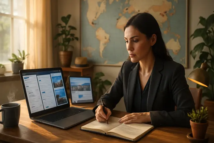 A professional woman sitting at a desk with a laptop, researching international job opportunities. Multiple browser windows are open showing job boards and country information. On the wall behind her is a large world map with pins marking potential destinations. The workspace is bright with natural light coming through windows, creating a hopeful atmosphere. The setting is a home office with personal touches like plants and travel mementos. The woman appears focused and determined, making notes in a notebook beside her computer. Photo-realistic, professional photography, high-resolution, natural lighting, authentic details.