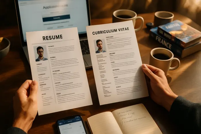 A close-up view of hands holding two different resume formats side by side - one formatted for North American standards and another following European CV conventions. The documents are placed on a wooden desk with a laptop partially visible showing a job application portal. A smartphone displays translation app results, and a small notebook contains handwritten notes about application requirements. Coffee cup and international travel guidebooks are visible in the background. The lighting is warm and professional, highlighting the differences between the document formats. Photo-realistic, professional photography, high-resolution, natural lighting, authentic details.