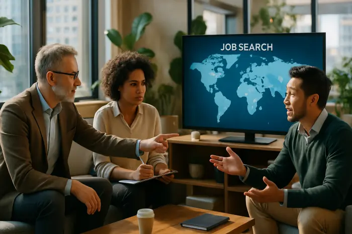 A diverse group of three professionals in a modern co-working space collaborating on an international job search. One person points to a world map displayed on a large screen showing different job markets, while another takes notes on a tablet. The third person gestures enthusiastically during discussion. The space features large windows with city views, plants, and a modern aesthetic with comfortable seating. The professionals represent different ages, ethnicities, and professional styles, wearing smart casual attire appropriate for various workplace cultures. The lighting is bright and natural, creating an energetic, optimistic atmosphere. Photo-realistic, professional photography, high-resolution, natural lighting, authentic details.