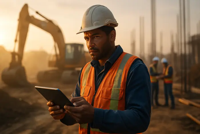 A person in trade workwear stands confidently at a construction site, reviewing information on a tablet. They're wearing a safety vest and hard hat, with construction equipment visible in the background. Their expression shows resilience and determination. The lighting suggests early morning, symbolizing new beginnings. Other workers can be seen collaborating in the background, representing professional community and support during career transitions. Photo-realistic, professional photography, high-resolution, natural lighting, authentic details.