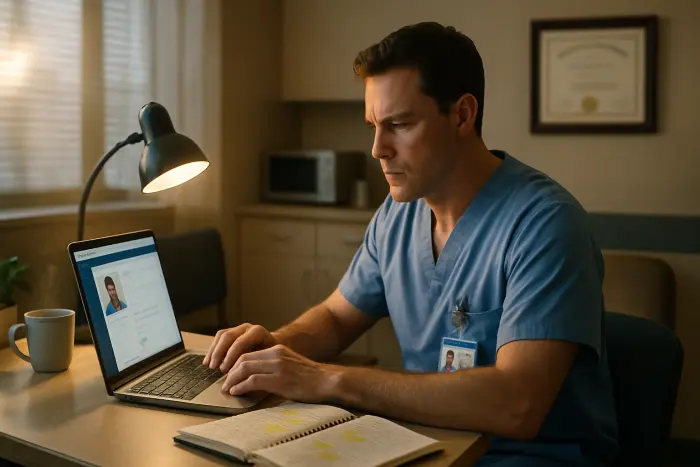 A healthcare worker in scrubs sits at a small desk in a break room, updating their professional profile on a laptop. Their face shows focused determination. The workspace has a notebook with highlighted job listings, a professional certification visible on the wall nearby, and a hospital ID badge. The environment suggests someone actively rebuilding their career while maintaining their professional identity. The lighting is warm and supportive, creating an atmosphere of possibility and renewal. Photo-realistic, professional photography, high-resolution, natural lighting, authentic details.