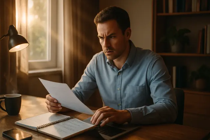 A professional dressed in business casual attire sits at a home office desk, reviewing documents and working on a laptop. Their expression shows determination and focus. Natural light streams through a nearby window, creating a warm, hopeful atmosphere. The workspace is organized but shows signs of active job searching - a notebook with bulleted lists, a smartphone, and a cup of coffee nearby. The scene captures the blend of challenge and possibility in a post-termination job search. Photo-realistic, professional photography, high-resolution, natural lighting, authentic details.