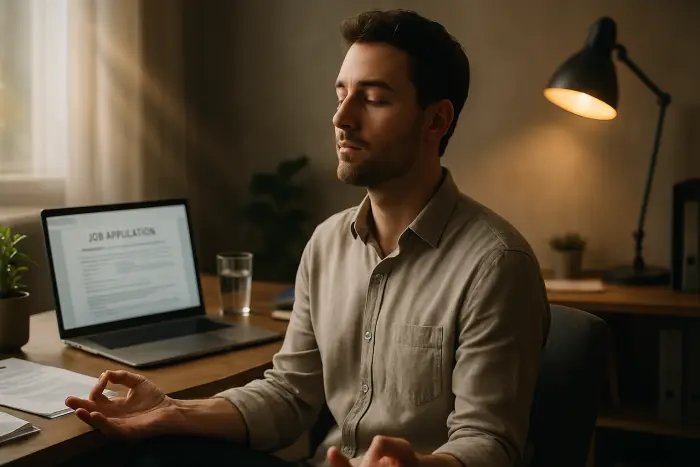 A person performing a calming breathing exercise while seated at their desk with a job application visible but slightly out of focus on their laptop screen. Their eyes are closed, hands resting palm-up on their lap in a mindful pose. The room has soft, diffused lighting with a small potted plant and a glass of water nearby. Their face shows a moment of peaceful concentration amid the job search process. The environment suggests a dedicated home workspace with organized job search materials visible but not prominently featured. Photo-realistic, professional photography, high-resolution, natural lighting, authentic details.