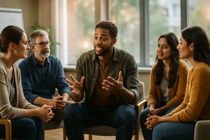 A small supportive job search group meeting in a bright community space. Four diverse people of different ages and backgrounds sit in a circle, engaged in conversation. Body language shows active listening and encouragement - one person is speaking with animated hand gestures while others nod supportively. The setting includes comfortable chairs, a whiteboard with brainstorming notes (no visible text), and large windows letting in natural light. Facial expressions convey a mix of determination, hope, and mutual support. The atmosphere feels collaborative rather than competitive. Photo-realistic, professional photography, high-resolution, natural lighting, authentic details.