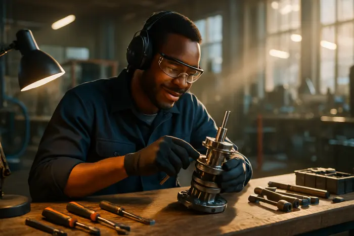 A person engaged in skill development during their job search, working on a technical project in a workshop environment. They're focused on assembling or repairing a mechanical component, wearing appropriate safety gear. Tools are organized nearby on a workbench, and the space has industrial lighting. Their expression shows deep concentration and satisfaction in developing tangible skills. The environment suggests a community makerspace or technical training facility with equipment visible in the background. The image captures the moment of active learning and growth during a career transition period. Photo-realistic, professional photography, high-resolution, natural lighting, authentic details.