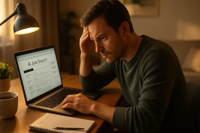 A person sitting at a modern home office desk with a laptop open to a job search website. Their posture shows a mix of focus and tension as they review job listings. One hand is on the keyboard while the other rests on a notebook with a partially visible to-do list. The warm, natural lighting creates a realistic atmosphere, with a cup of tea and a small plant visible on the desk. The background shows a comfortable home environment with soft, neutral colors. The person's expression conveys determination mixed with subtle worry. Photo-realistic, professional photography, high-resolution, natural lighting, authentic details.