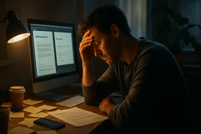 A person looking visibly exhausted while sitting at a desk with multiple job applications and rejection emails visible on their computer screen. Their posture shows defeat - shoulders slumped, hand on forehead in frustration. The workspace appears chaotic with scattered notes, coffee cups, and a phone showing unanswered messages. The lighting is dim, creating shadows that emphasize the emotional weight of job search burnout. The person's expression captures the emotional toll of repeated rejection. Photo-realistic, professional photography, high-resolution, natural lighting, authentic details.